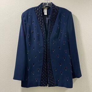 ELITE CHAMPAGNE Rare Find Vintage Blazer Embroider Cutouts Rhinestones, Navy -12